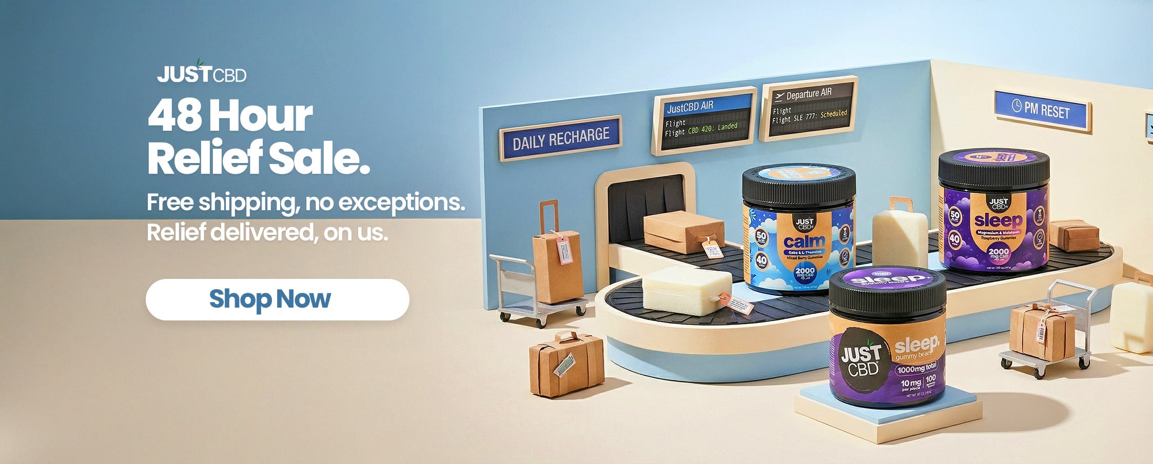 Advertisement for JustCBD with product display and promotional text on a blue background