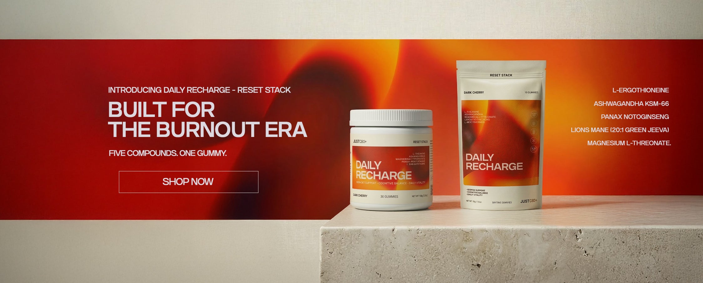 Two containers of 'Daily Recharge' on a white surface with a red background and promotional text.