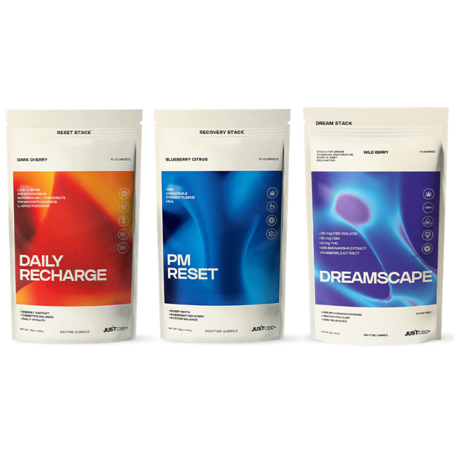 Three gummies packages labeled 'Daily Recharge', 'PM Reset', and 'DreamScape' on a white background.