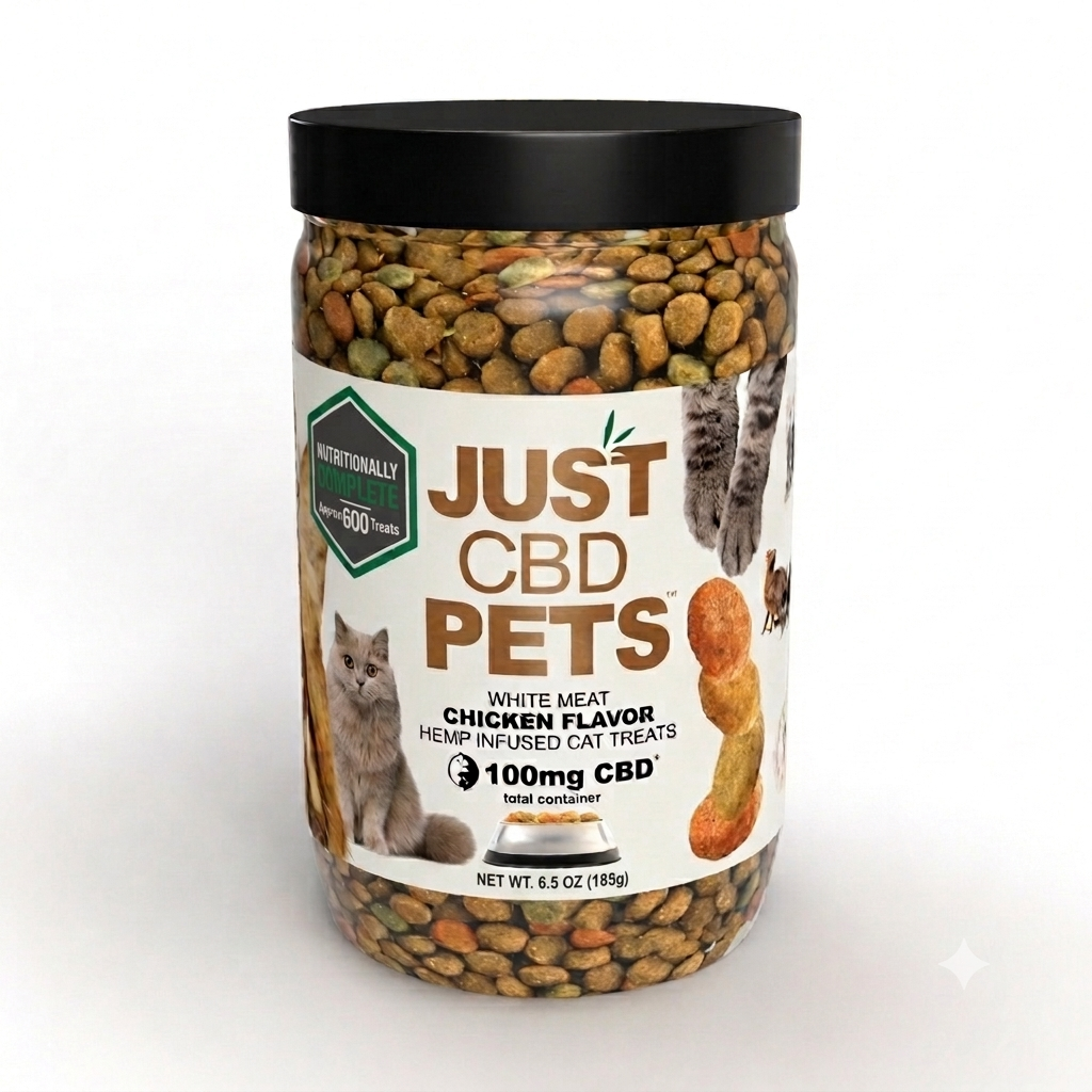 A jar of Just CBD Pets white meat chicken flavor hemp infused cat treats, featuring a black lid and a white label with images of a cat and kibble pieces, set against a plain white background.