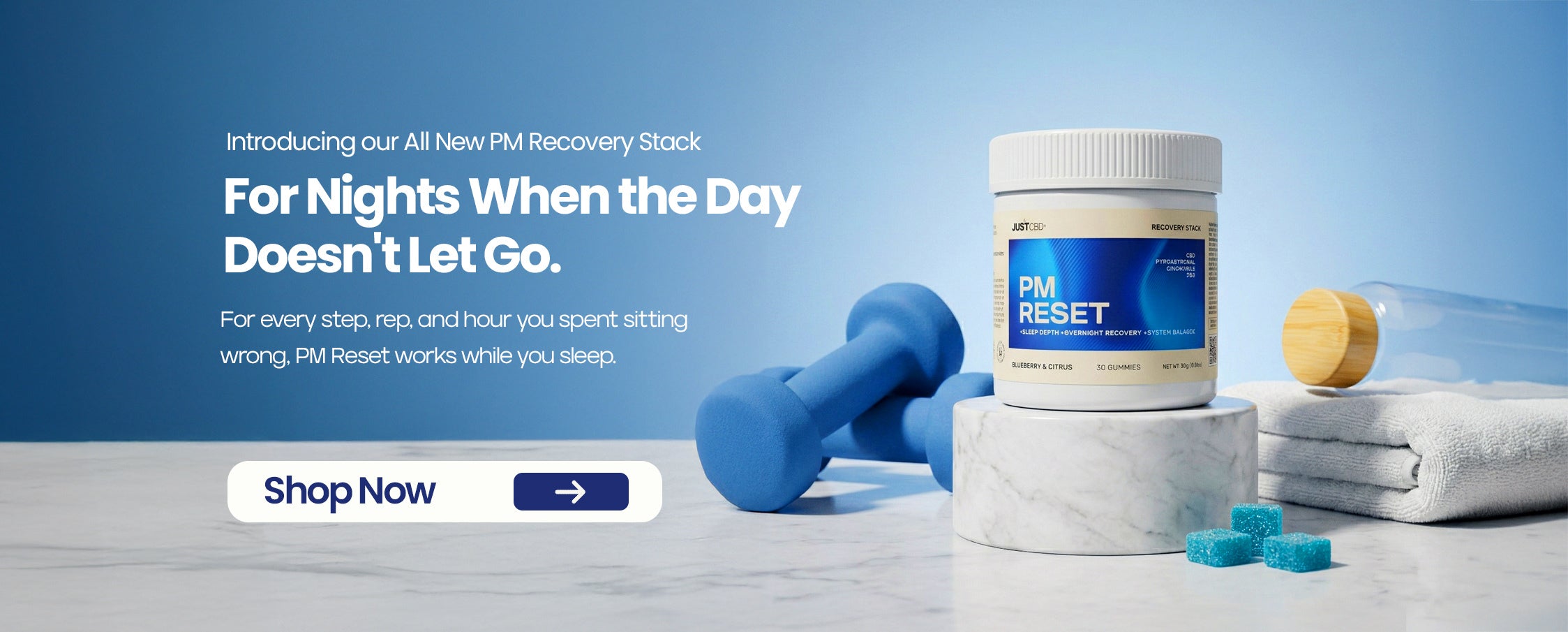 Product advertisement with 'PH Reset' supplement container, dumbbells, and towels on a blue background.