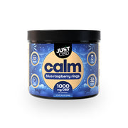 Jar of Just CBD Calm blue raspberry rings on a white background