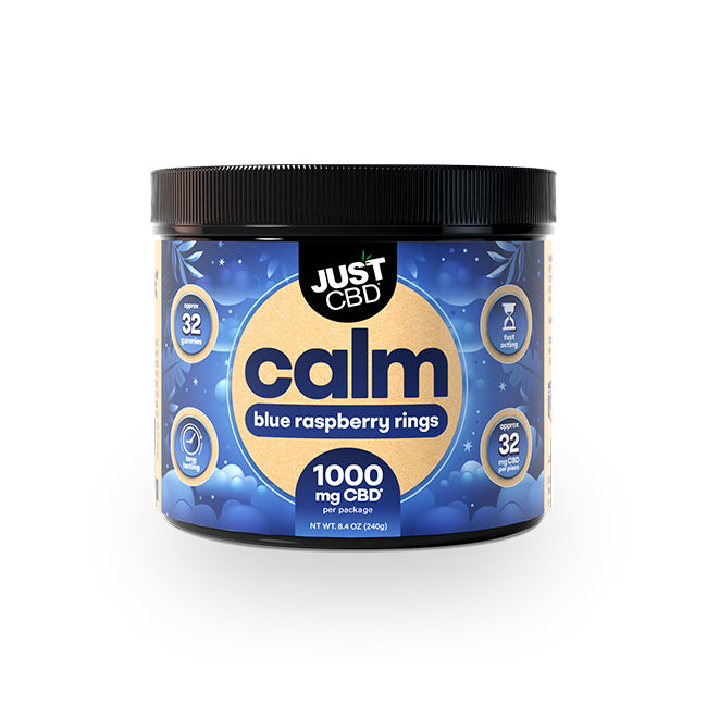 Jar of Just CBD Calm blue raspberry rings on a white background