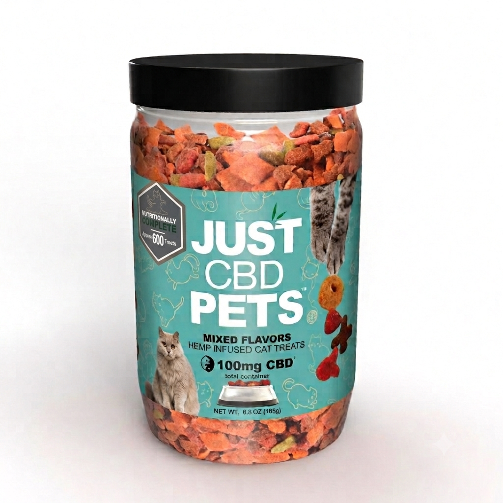 A jar of Just CBD Pets mixed flavor hemp infused cat treats, featuring a black lid and a teal label with cat illustrations and product details.