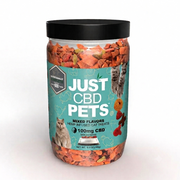 A jar of Just CBD Pets mixed flavor hemp infused cat treats, featuring a black lid and a teal label with cat illustrations and product details.