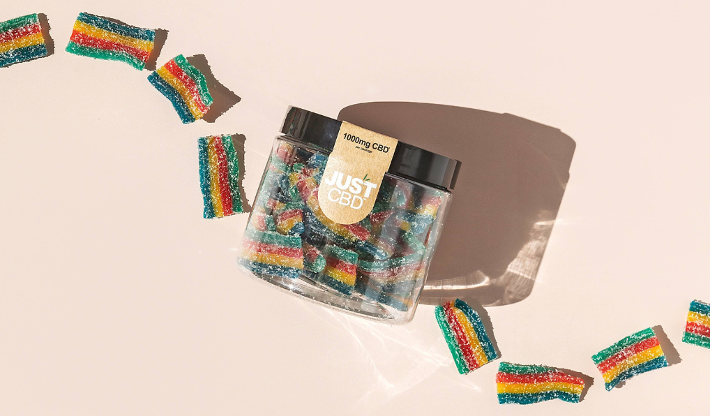 A jar of rainbow ribbons gummy 